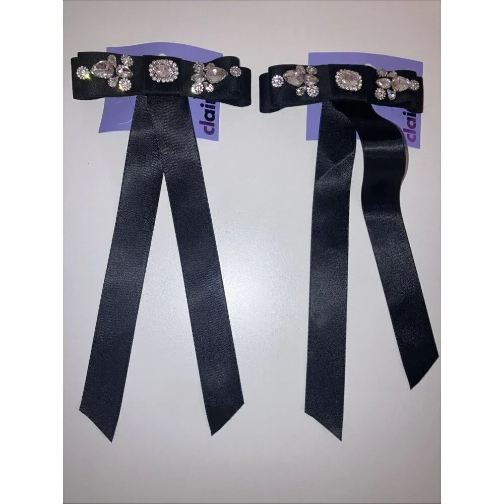 Icing 2 Piece Black Rhinestone Studded Satin Long Tail Hair Bow Clip